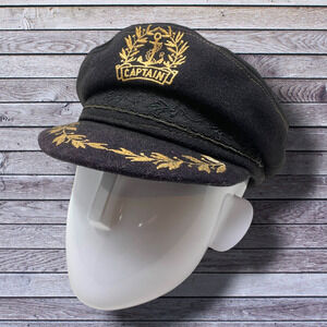 Vintage Aegean Greek Fisherman's Captain Cap Black Wool Greece Costume Prop O/S